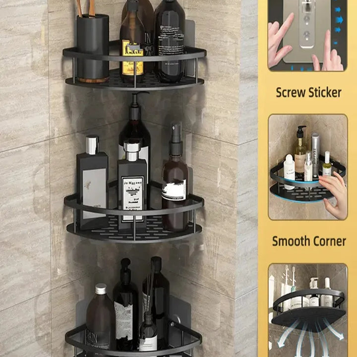 Prateleira de Banheiro Sem Furo – Suporte de Plástico para Cosméticos, Shampoo, Organizadores de Maquiagem e Acessórios | Fixação Adesiva na Parede