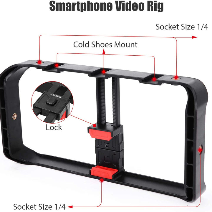 M-REMOTE Rig para smartphone com 3 suportes de sapata, estabilizador de vídeo handheld e suporte para tripé. Ideal para filmagens profissionais e gravações estáveis.