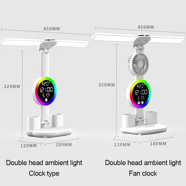 Candeeiro LED Recarregável com Ventoinha e Relógio Digital