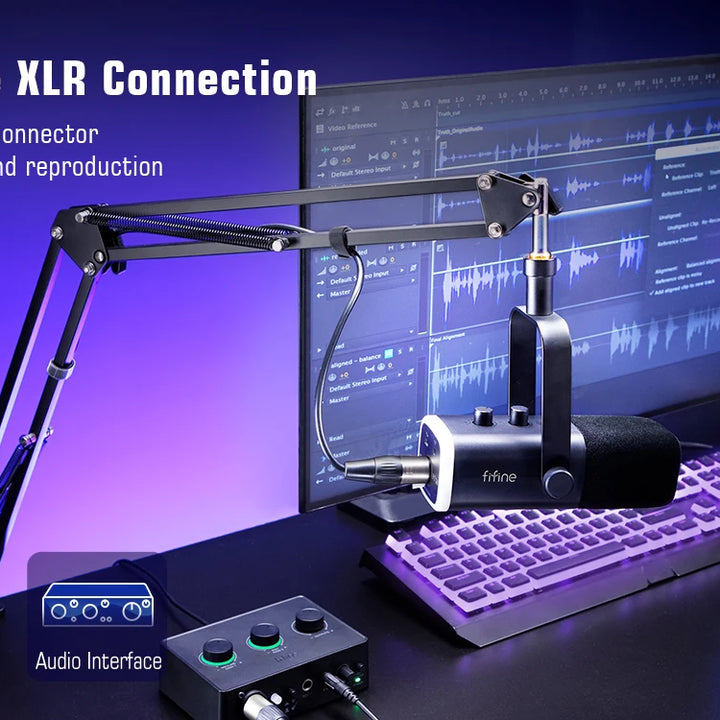 Microfone Gaming FIFINE XLR/USB com RGB, Suporte e Entrada para Headphone – Kit Dinâmico para PC, PS5/4