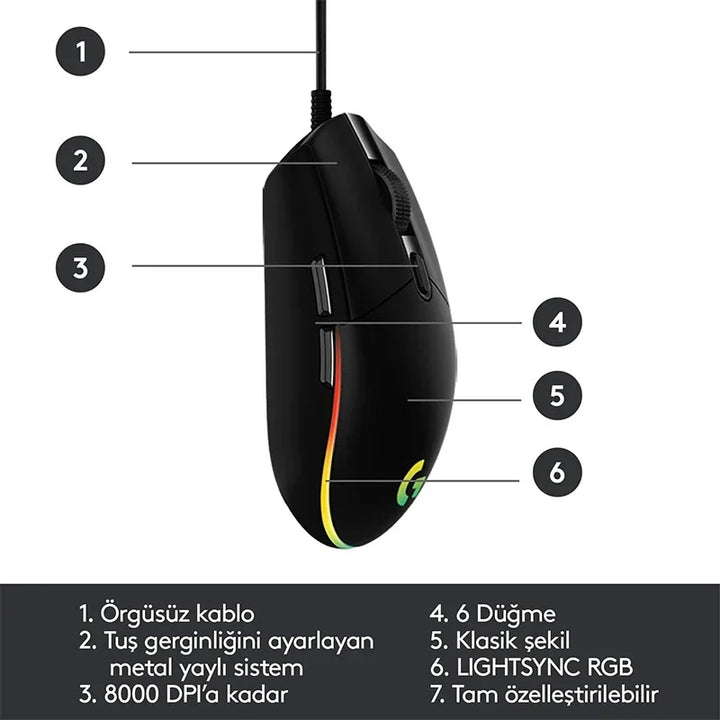Logitech G102 Mouse USB Com Fio para Jogos – 8000 DPI com Efeito Óptico Rainbow