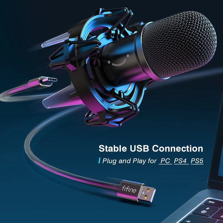Microfone Dinâmico USB FIFINE K651 com Braço Articulado, Iluminação RGB e Montagem Antichoque – Ideal para Streaming, Podcasts e Gaming no PC, PS4, PS5