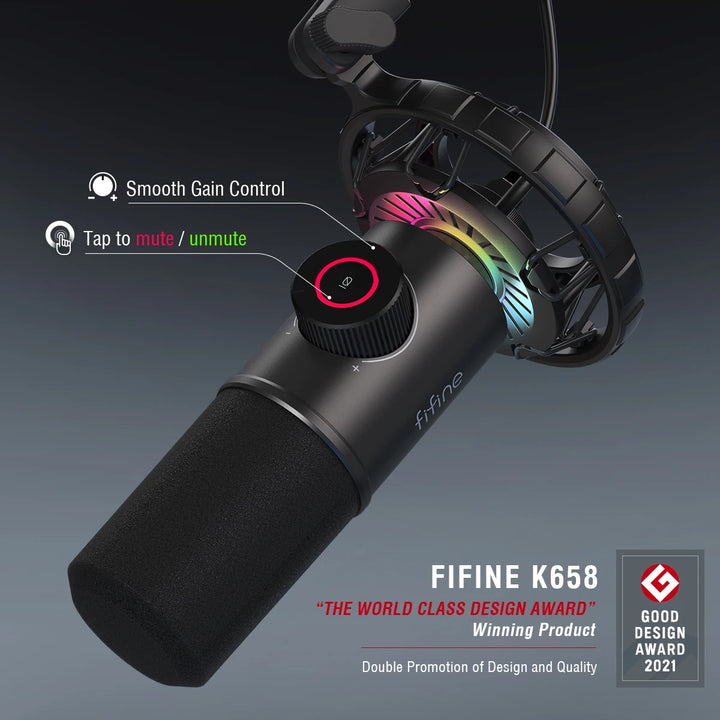 Microfone Dinâmico FIFINE K658 USB com Tap-to-Mute, RGB e Jack para Auscultadores – Som Profissional para Gaming e Streaming
