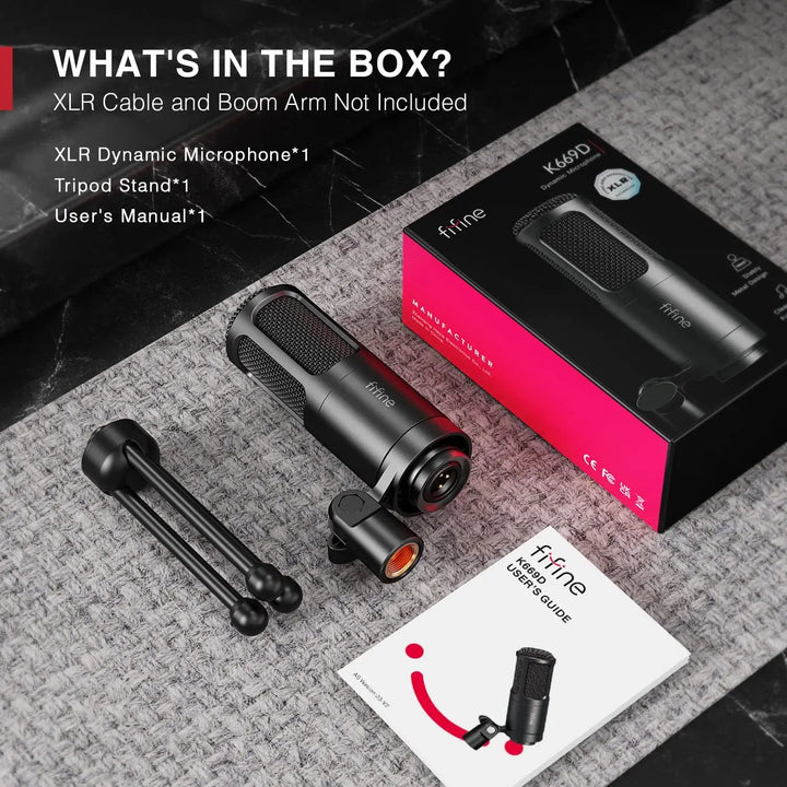 Microfone Profissional FIFINE K669D XLR com Corpo Metálico – Ideal para Gravação, Podcast, Voice Over, ASMR e Streaming