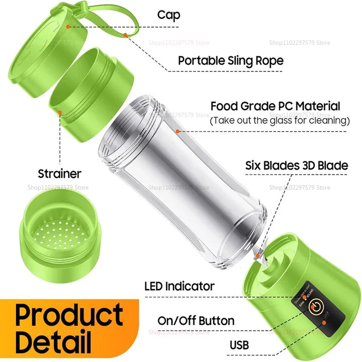Liquidificador Portátil USB Recarregável 380ml com 6 Lâminas
