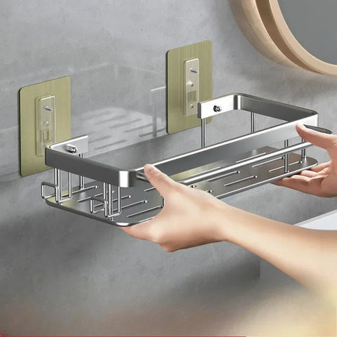 Prateleira de Casa de Banho Preta – Montagem na Parede Sem Furos | Suporte de Alumínio Antiferrugem Moderno