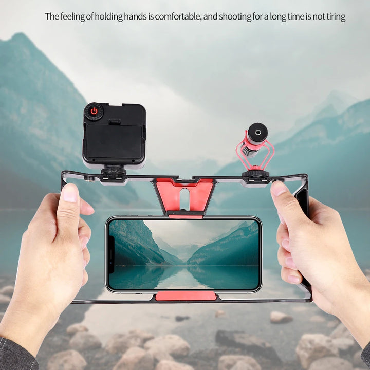 Suporte de Filmagem com Telemóvel – Gaiola Portátil com Duas Pegas e Suporte Cold Shoe para Vlogs, Vídeos e Diretos