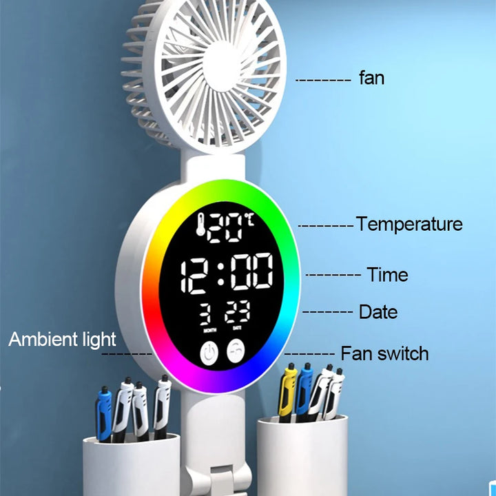 Candeeiro LED Recarregável com Ventoinha e Relógio Digital