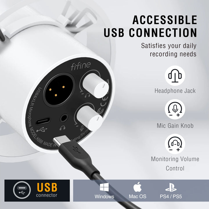 Microfone Dinâmico FIFINE K688W USB/XLR com Controle de Ganho, Touch Mute e Entrada para Fone de Ouvido – Ideal para Streaming e Gravação