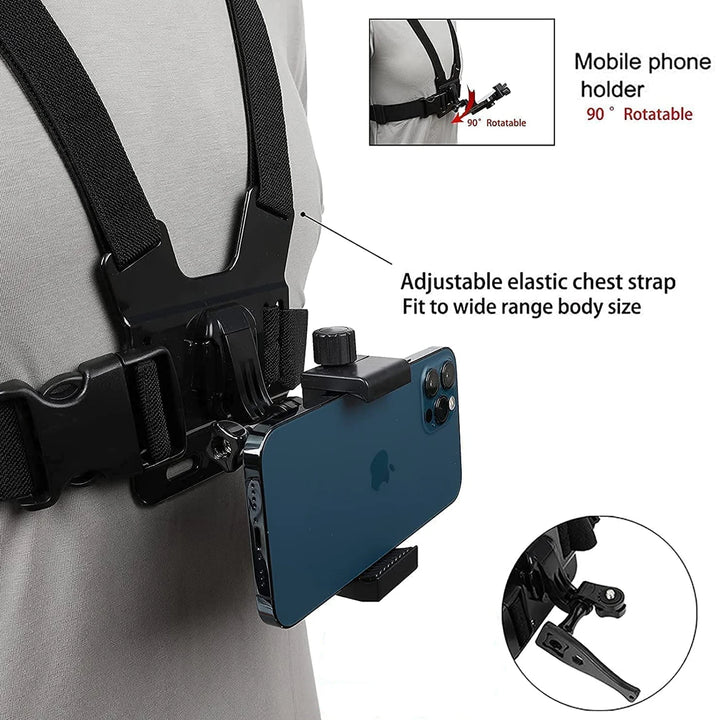 Suporte de Peito para Telemóvel – Fixação Segura para iPhone, Xiaomi, Samsung e GoPro