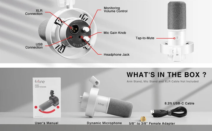 Microfone Dinâmico FIFINE K688W USB/XLR com Controle de Ganho, Touch Mute e Entrada para Fone de Ouvido – Ideal para Streaming e Gravação