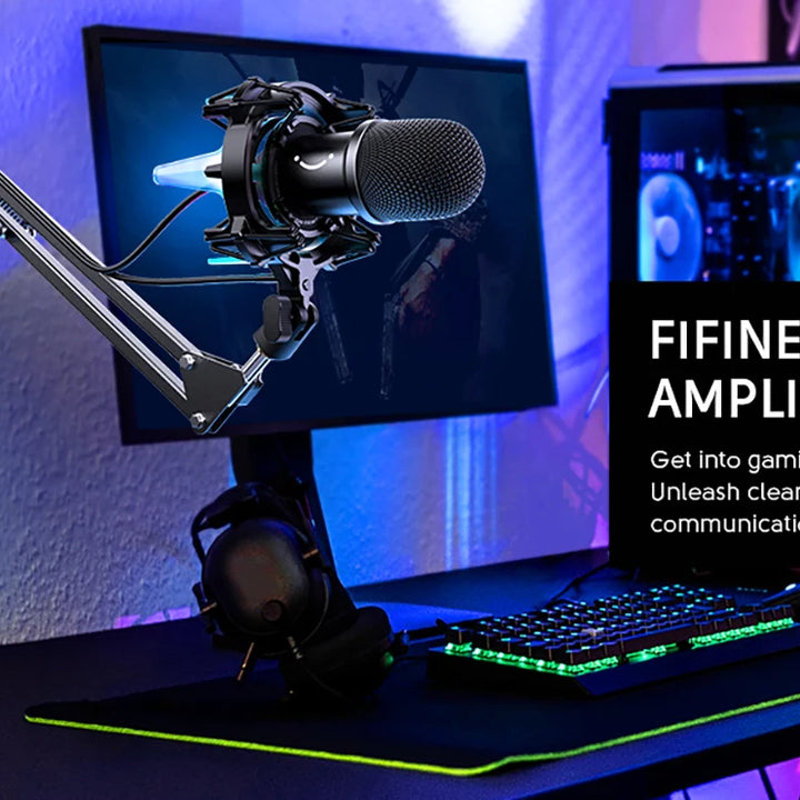 Microfone Dinâmico USB FIFINE K651 com Braço Articulado, Iluminação RGB e Montagem Antichoque – Ideal para Streaming, Podcasts e Gaming no PC, PS4, PS5