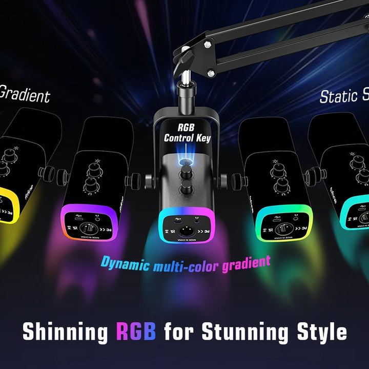 Microfone Gaming FIFINE XLR/USB com RGB, Suporte e Entrada para Headphone – Kit Dinâmico para PC, PS5/4