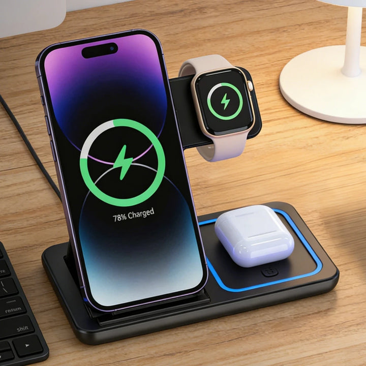 Estação de Carregamento Sem Fios 3 em 1 Dobrável para iPhone, Apple Watch e AirPods