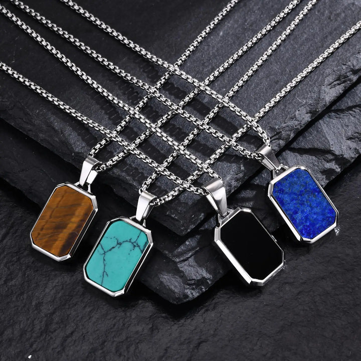 Trendy Pendant Necklaces for Men Boys,Square Natural Stone Stainless Steel Necklaces,New Hip Hop Cool Jewelry Gifts