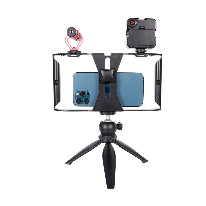 Suporte de Filmagem com Telemóvel – Gaiola Portátil com Duas Pegas e Suporte Cold Shoe para Vlogs, Vídeos e Diretos