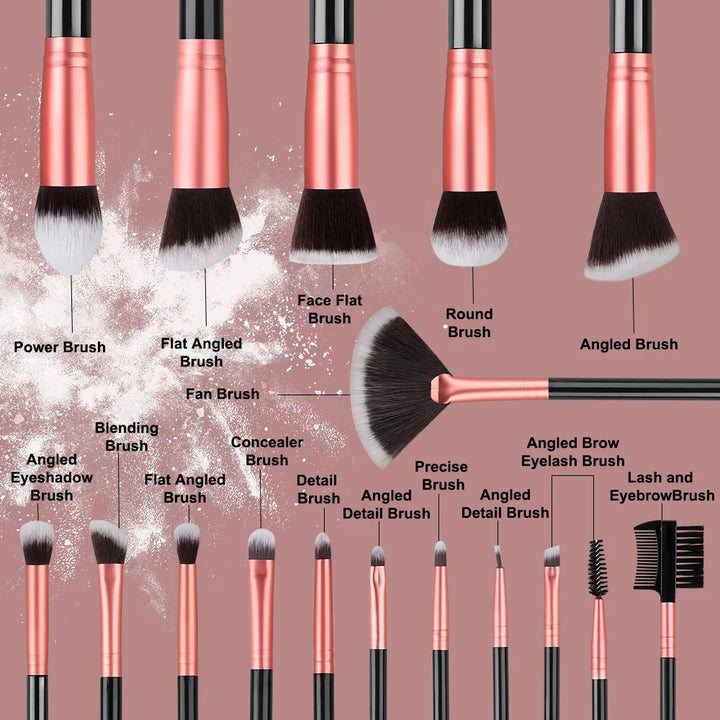 Conjunto Profissional de Pincéis de Maquiagem 14/16 Peças – Cerdas Macias para Olhos, Base, Blush e Corretivo