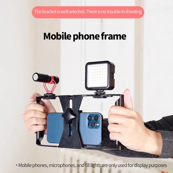 Suporte de Filmagem com Telemóvel – Gaiola Portátil com Duas Pegas e Suporte Cold Shoe para Vlogs, Vídeos e Diretos