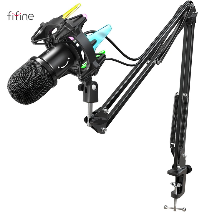 Microfone Dinâmico USB FIFINE K651 com Braço Articulado, Iluminação RGB e Montagem Antichoque – Ideal para Streaming, Podcasts e Gaming no PC, PS4, PS5