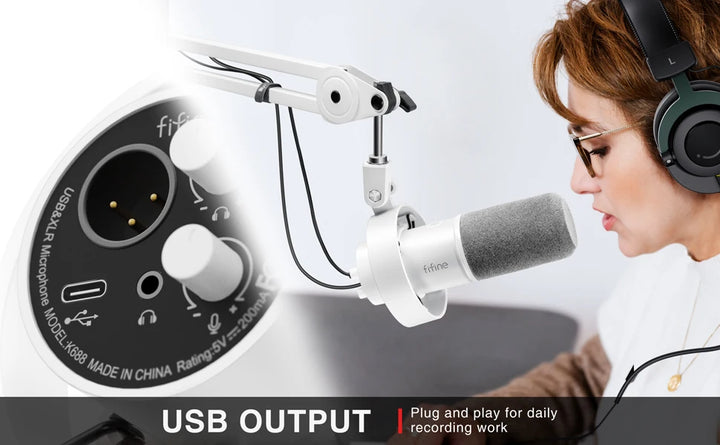 Microfone Dinâmico FIFINE K688W USB/XLR com Controle de Ganho, Touch Mute e Entrada para Fone de Ouvido – Ideal para Streaming e Gravação