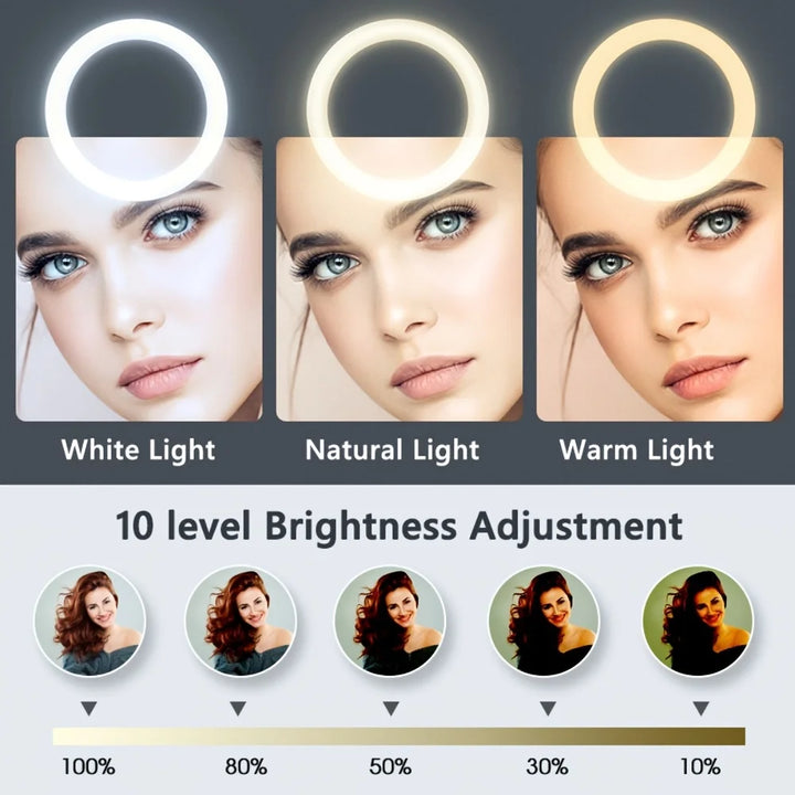 Anel de Luz 26 cm com Tripé Ajustável – Iluminação Profissional para Selfies e Vídeos