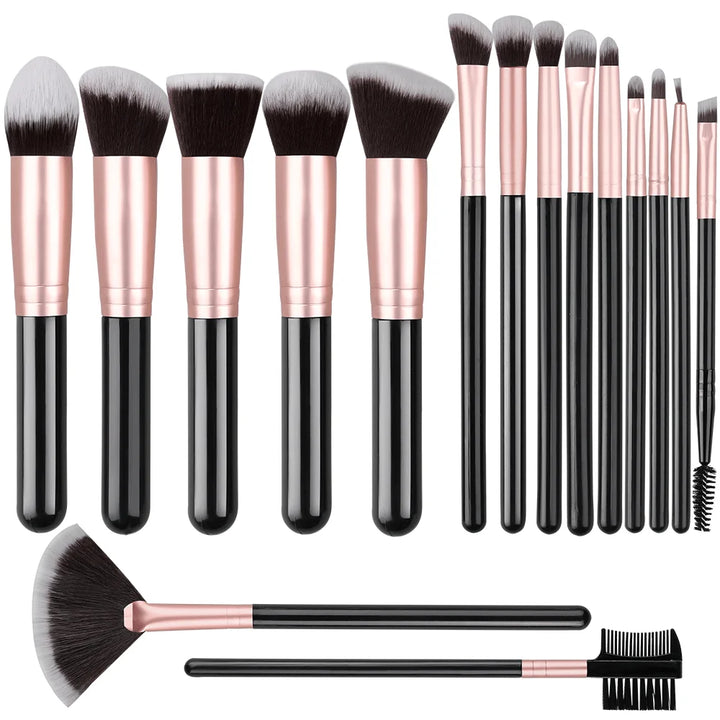 Conjunto Profissional de Pincéis de Maquiagem 14/16 Peças – Cerdas Macias para Olhos, Base, Blush e Corretivo