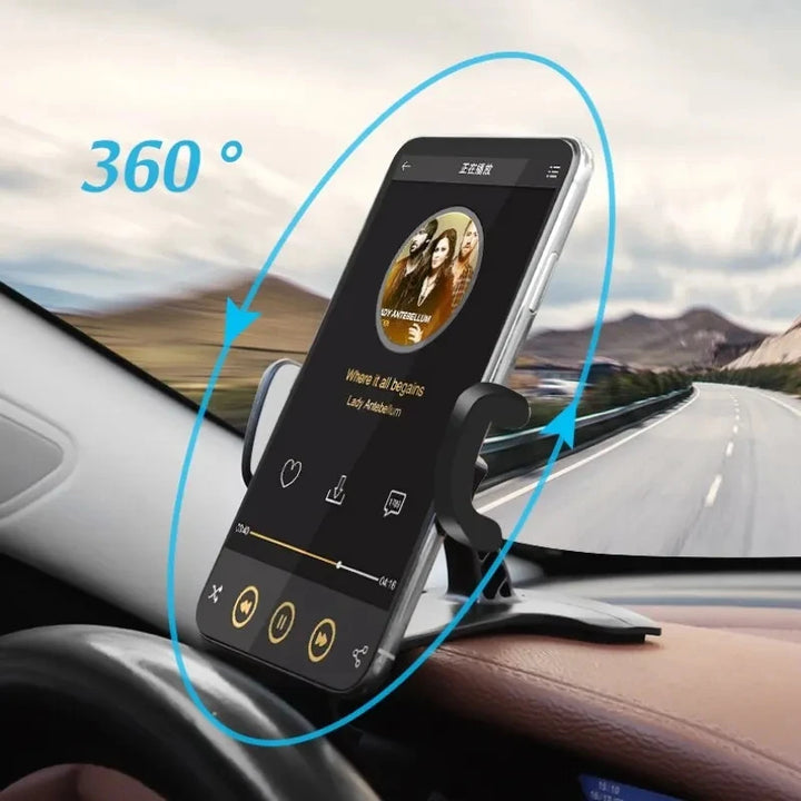 Suporte de Telemóvel Universal para Carro com Rotação 360° – Fixação em Painel com Clipe | Compatível com iPhone, Samsung, Xiaomi