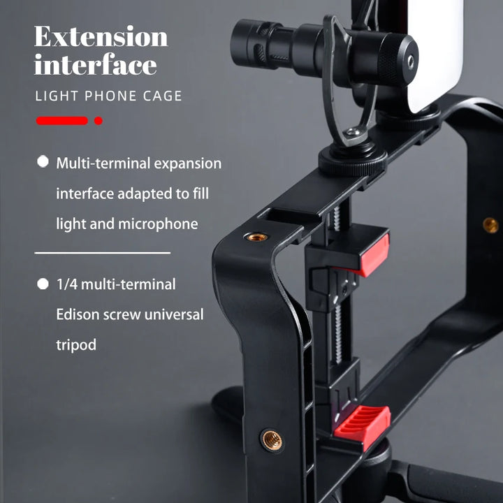 M-REMOTE Rig para smartphone com 3 suportes de sapata, estabilizador de vídeo handheld e suporte para tripé. Ideal para filmagens profissionais e gravações estáveis.