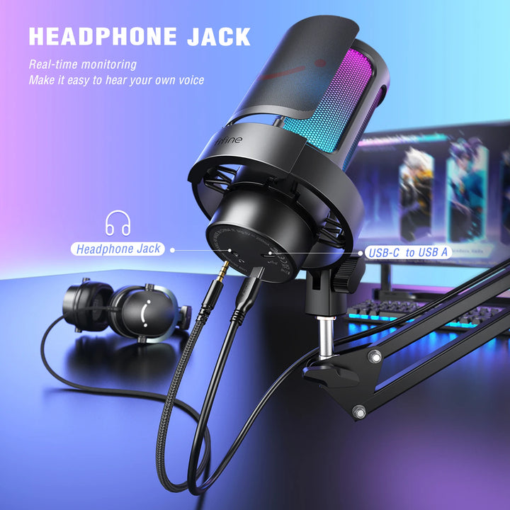 FIFINE A8T Microfone USB com Braço Articulado e Saída para Fone – Gravação Profissional em PC e Mac com Monitoramento em Tempo Real