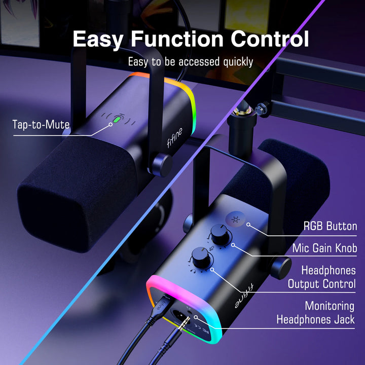 Microfone Gaming FIFINE XLR/USB com RGB, Suporte e Entrada para Headphone – Kit Dinâmico para PC, PS5/4
