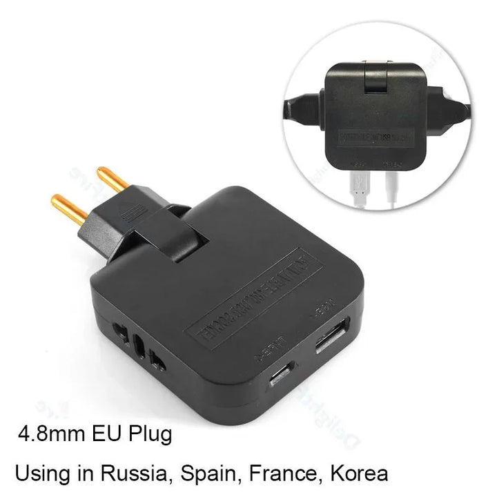 Adaptador de Tomada 4 em 1 com USB e Tipo C – Plug Europeu Giratório 180° | Extensor de Energia para Viagem e Uso Doméstico