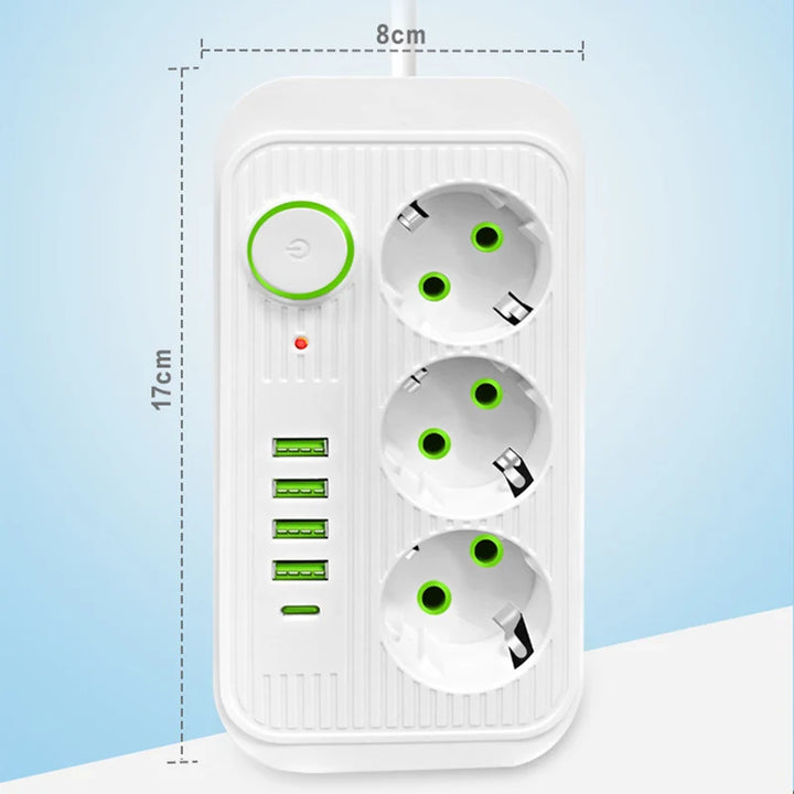 Extensão Elétrica com 3 Tomadas AC + USB Tipo-C | 2 Metros, Multitomada com Filtro de Rede – Ficha EU