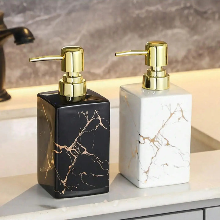Dispensador de Sabonete Líquido em Cerâmica com Textura de Mármore – 350ml Recarregável