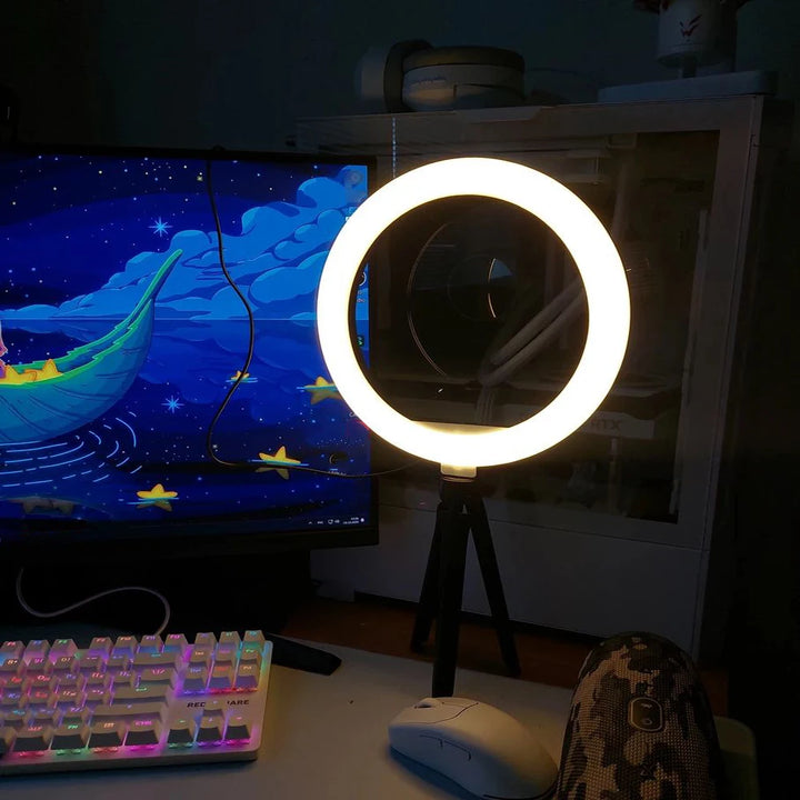 Anel de Luz 26 cm com Tripé Ajustável – Iluminação Profissional para Selfies e Vídeos