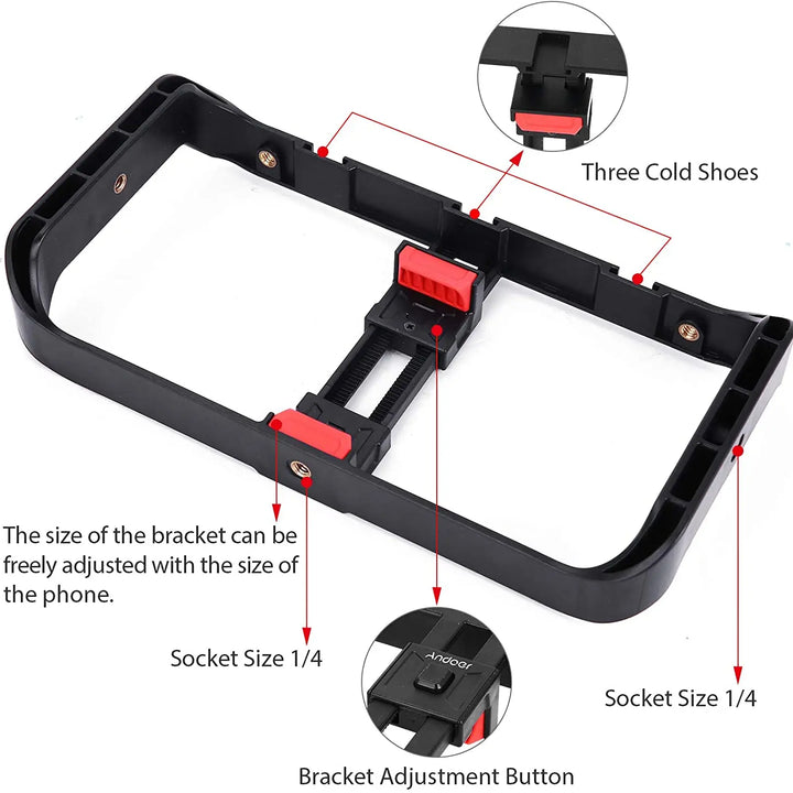M-REMOTE Rig para smartphone com 3 suportes de sapata, estabilizador de vídeo handheld e suporte para tripé. Ideal para filmagens profissionais e gravações estáveis.