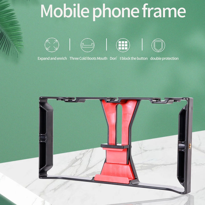 Suporte de Filmagem com Telemóvel – Gaiola Portátil com Duas Pegas e Suporte Cold Shoe para Vlogs, Vídeos e Diretos