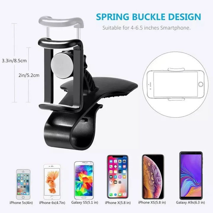 Suporte de Telemóvel Universal para Carro com Rotação 360° – Fixação em Painel com Clipe | Compatível com iPhone, Samsung, Xiaomi