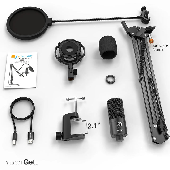 FIFINE T669 Kit Microfone USB com Braço Ajustável, Shock Mount e Pop Filter – Áudio Profissional para Podcast, YouTube e Streaming