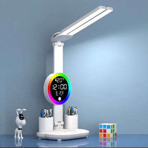 Candeeiro LED Recarregável com Ventoinha e Relógio Digital