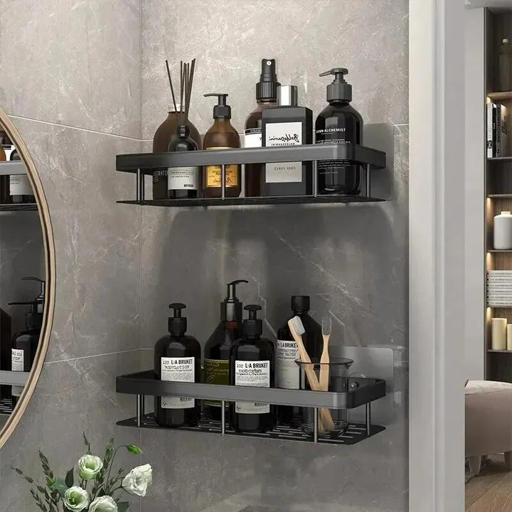Prateleira de Banheiro Sem Furo – Suporte de Plástico para Cosméticos, Shampoo, Organizadores de Maquiagem e Acessórios | Fixação Adesiva na Parede