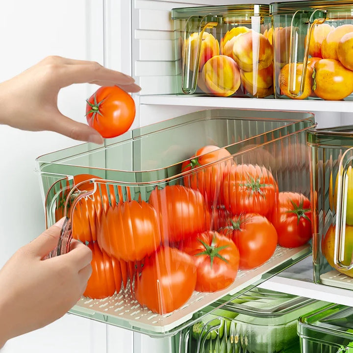 Caixa Organizadora de Frutas e Legumes para Frigorífico – Com Pega, Multifuncional e Empilhável