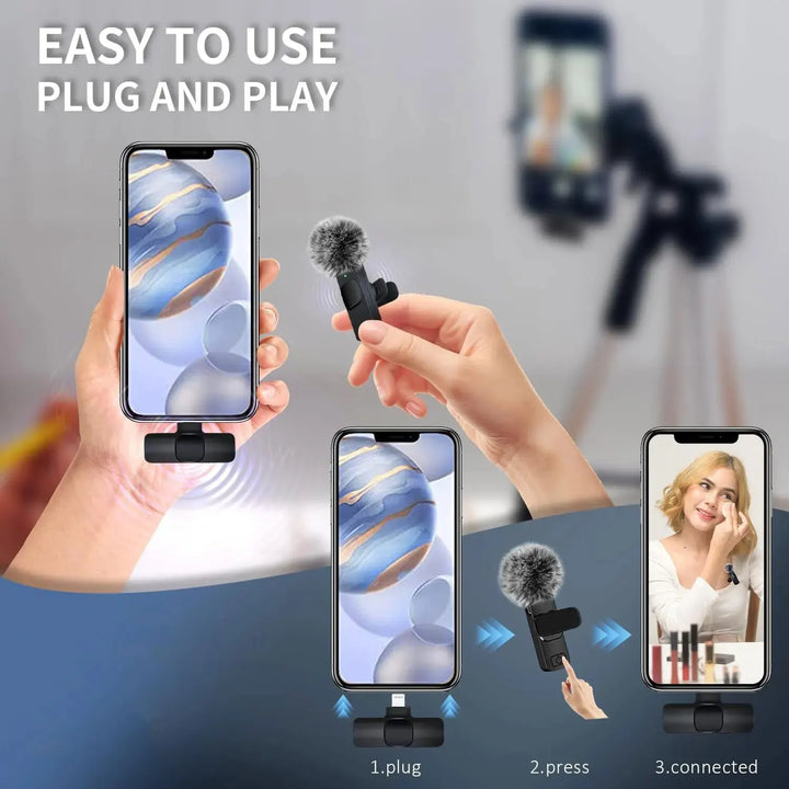 Microfone de Lapela Wireless para Gravação de Áudio e Vídeo – Compatível com iPhone, Android, PC e Portáteis