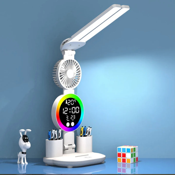 Candeeiro LED Recarregável com Ventoinha e Relógio Digital