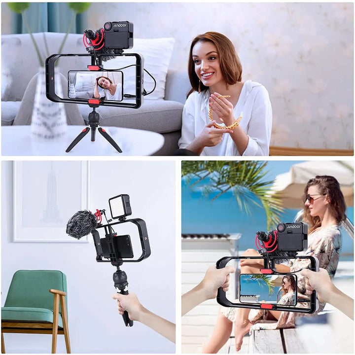 M-REMOTE Rig para smartphone com 3 suportes de sapata, estabilizador de vídeo handheld e suporte para tripé. Ideal para filmagens profissionais e gravações estáveis.