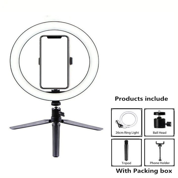Anel de Luz 26 cm com Tripé Ajustável – Iluminação Profissional para Selfies e Vídeos