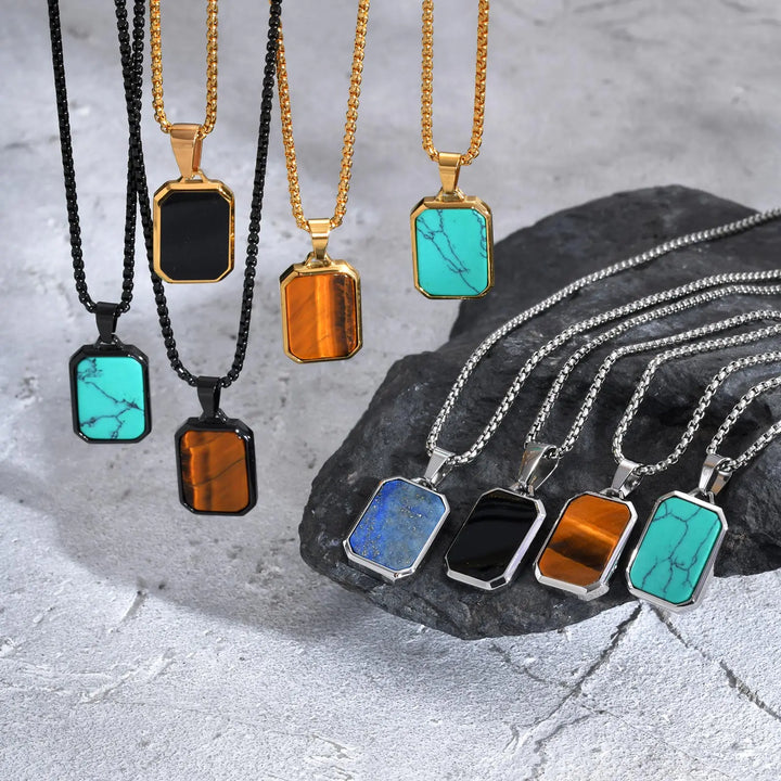 Trendy Pendant Necklaces for Men Boys,Square Natural Stone Stainless Steel Necklaces,New Hip Hop Cool Jewelry Gifts