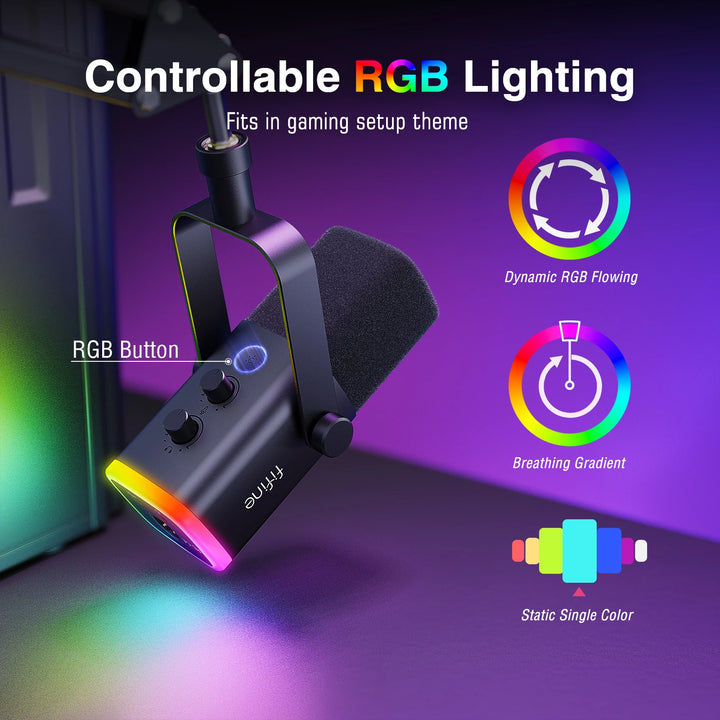 Microfone Gaming FIFINE XLR/USB com RGB, Suporte e Entrada para Headphone – Kit Dinâmico para PC, PS5/4