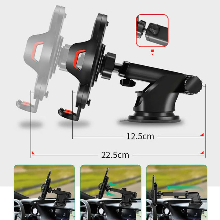 Suporte Universal para Telemóvel no Carro 360° Rotativo – Ventosa e Braço Retráctil para Todos os Smartphones