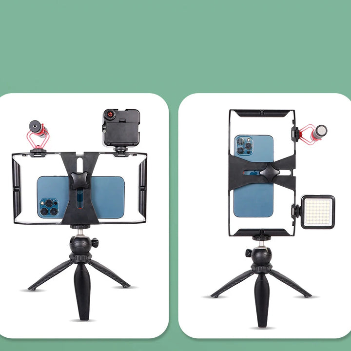 Suporte de Filmagem com Telemóvel – Gaiola Portátil com Duas Pegas e Suporte Cold Shoe para Vlogs, Vídeos e Diretos