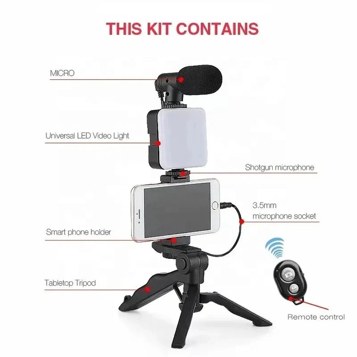 Kit Vlogging para Smartphone COOL DIER com Tripé, Suporte de Telemóvel, Microfone e Luz LED – Ideal para TikTok, YouTube e Lives